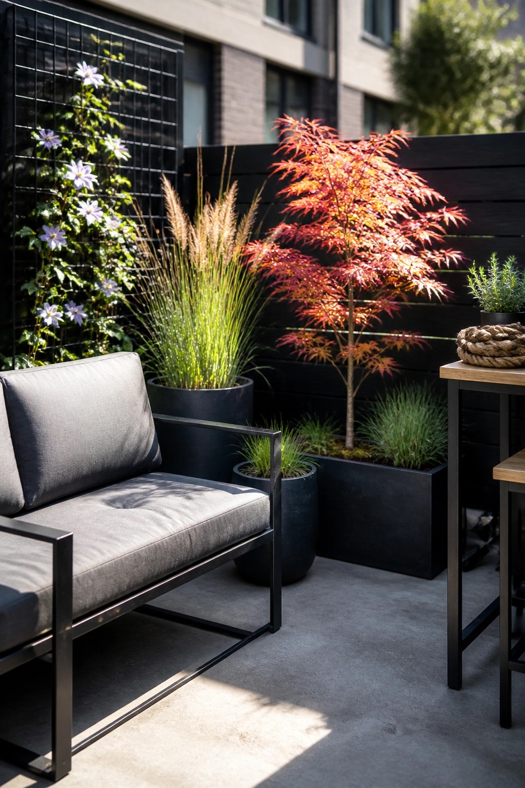 Modern patio with gray armchair, red maple, grasses, and black planters