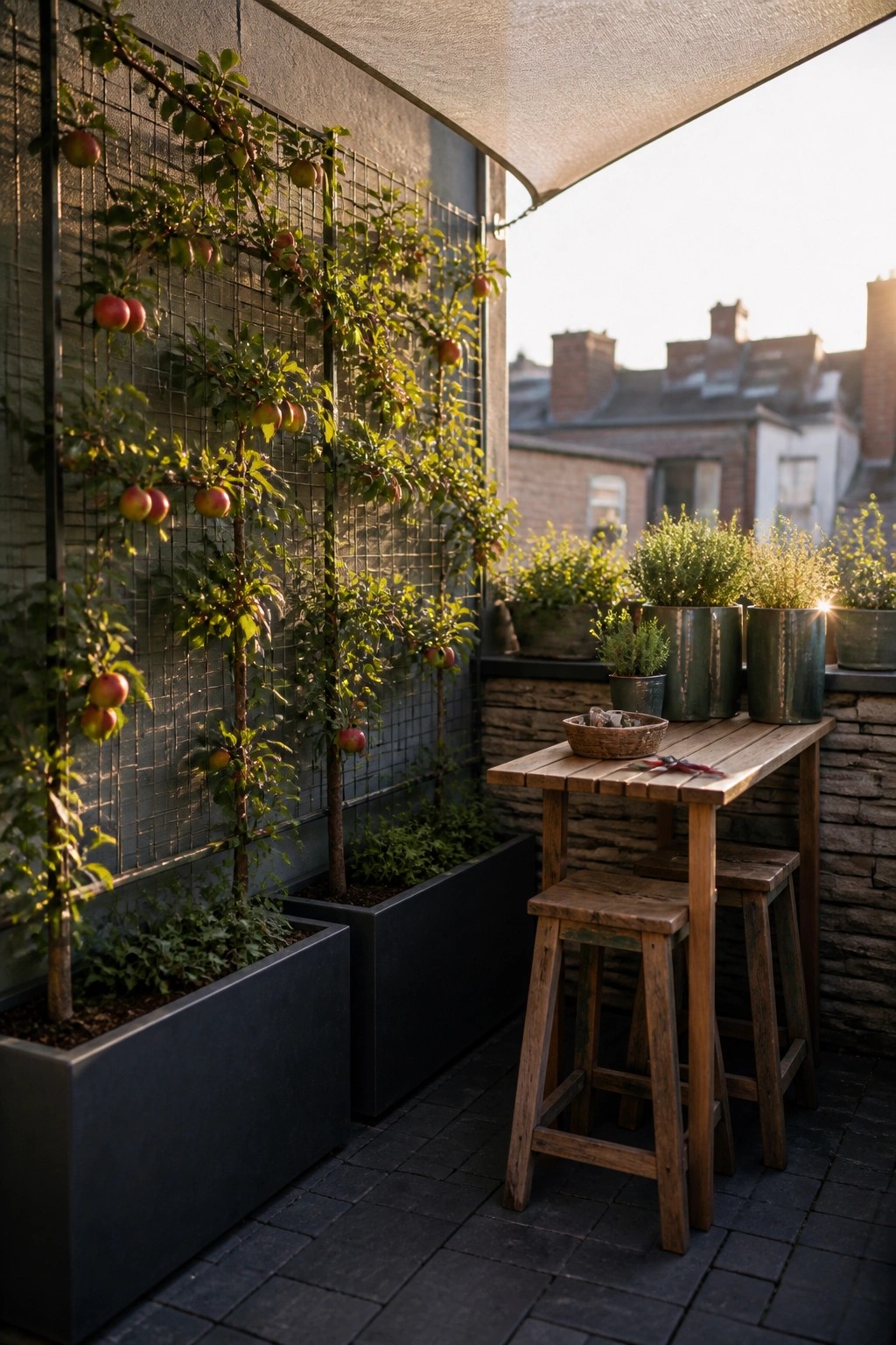 A compact patio with several apple trees trained vertically on a metal grid in dark rectangular planters, next to a wooden table and two stools.