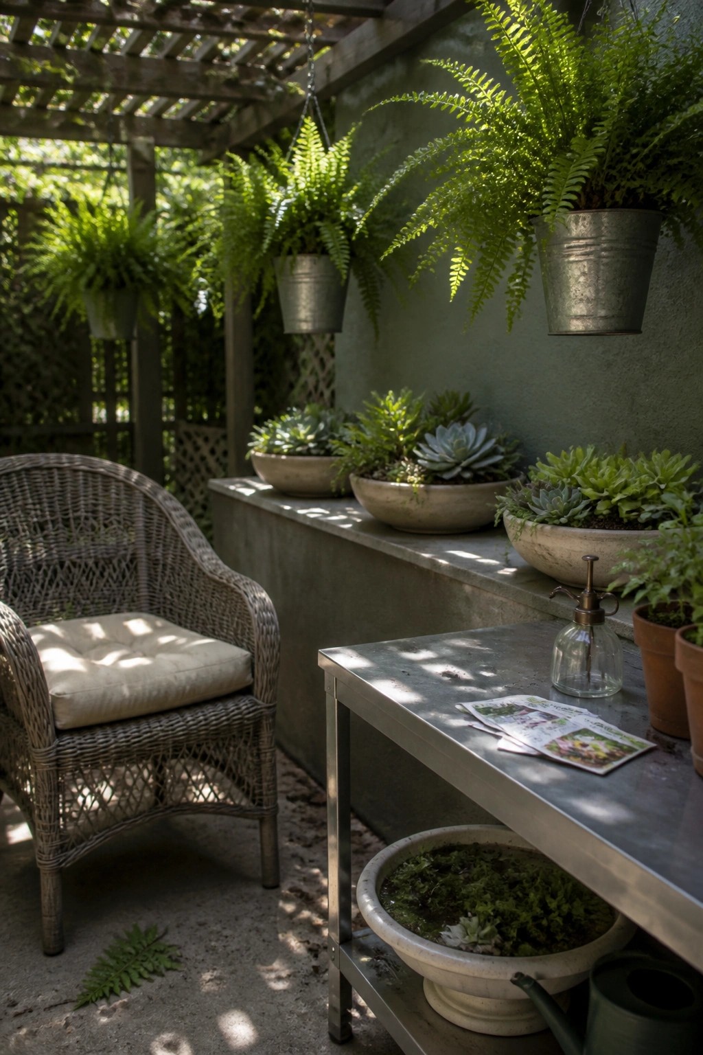 An outdoor patio scene showing a wicker chair, metal table, hanging ferns in metal buckets from a wooden pergola, and rows of succulents placed along a concrete ledge.