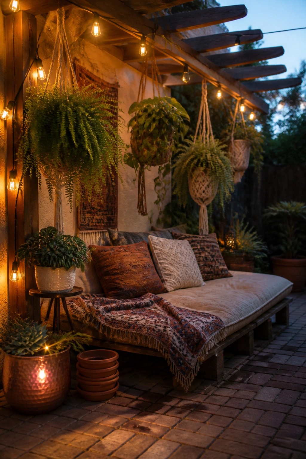 Cozy patio with string lights, hanging plants, pillows, and wooden daybed at dusk