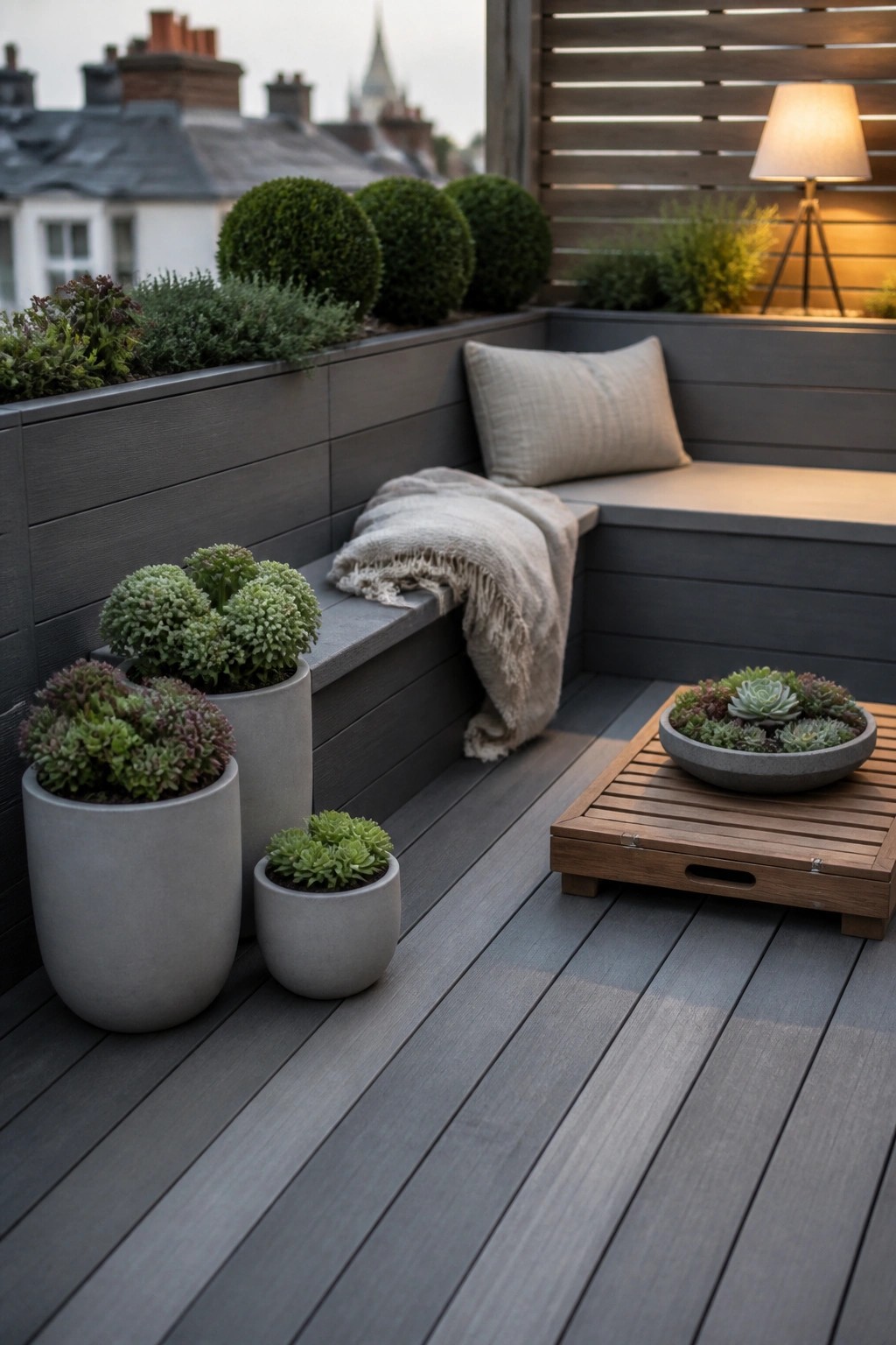 A compact patio with gray decking shows multiple concrete pots of different sizes holding green and purple plants next to a built-in bench, along with a round succulent bowl on a low wooden tray.