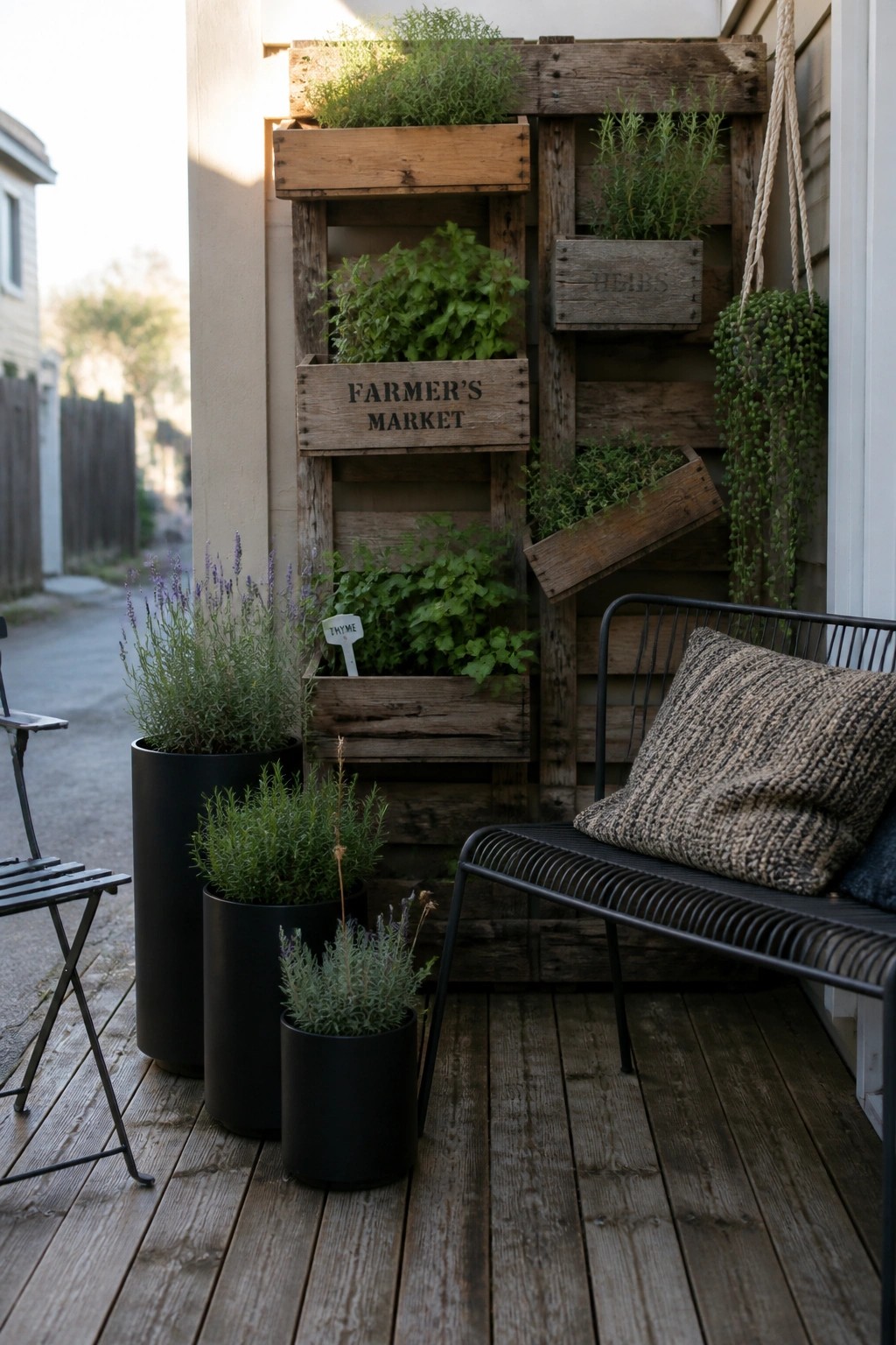 Wooden crates mounted on a wall hold various herbs and plants on a wooden deck patio, with black pots and a bench visible nearby.