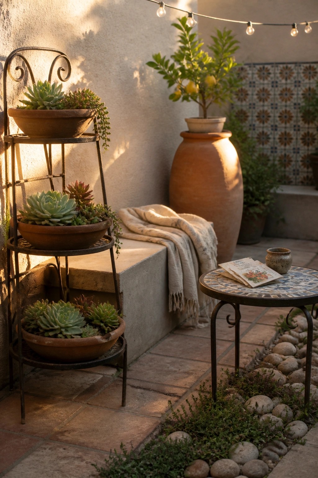 A small patio with a three-tier metal stand holding terracotta pots of succulents, a mosaic table nearby, and a large terracotta urn in the background.