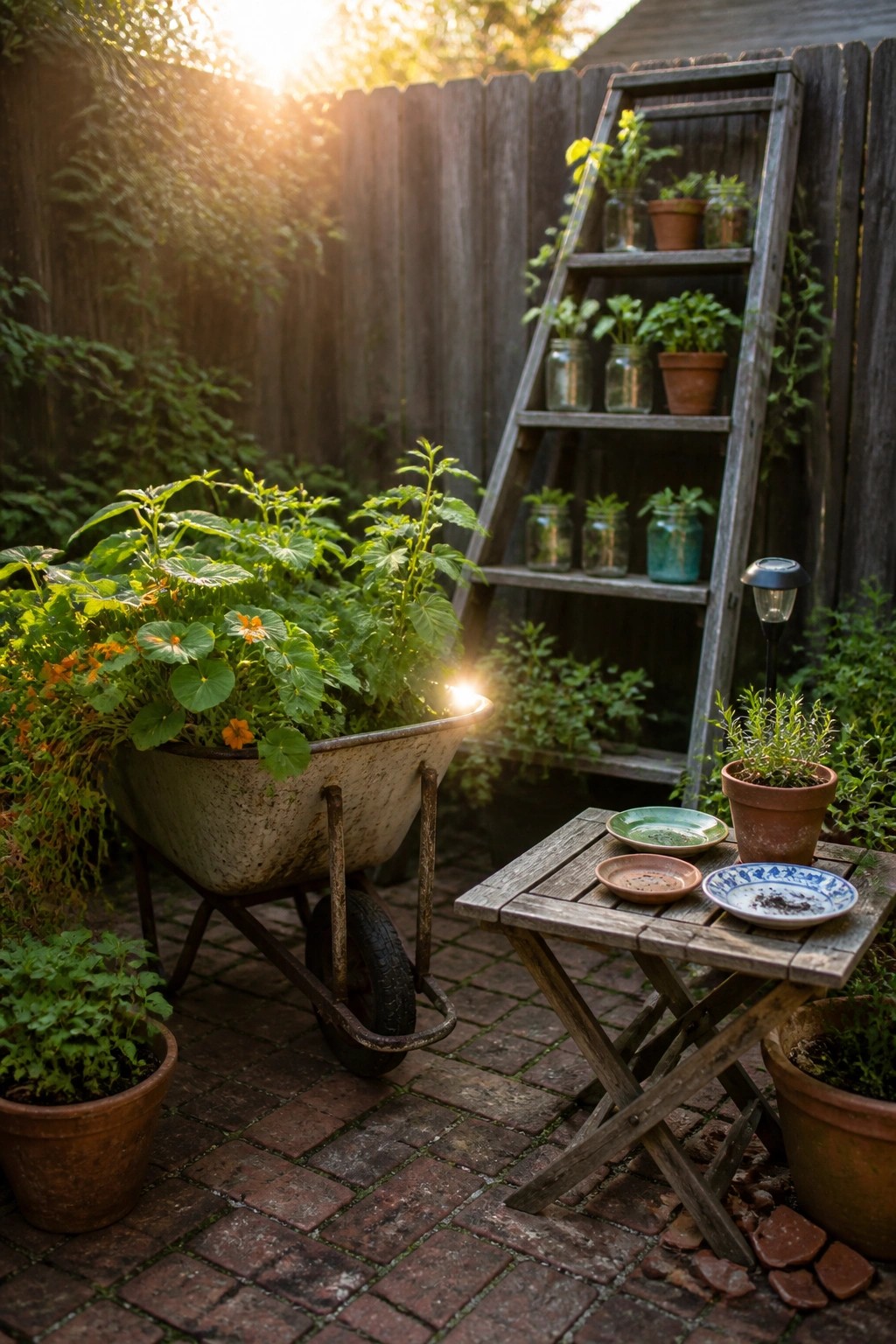 A wooden ladder leaning against a fence holds multiple potted plants on its shelves beside a wheelbarrow filled with greenery on a brick patio.