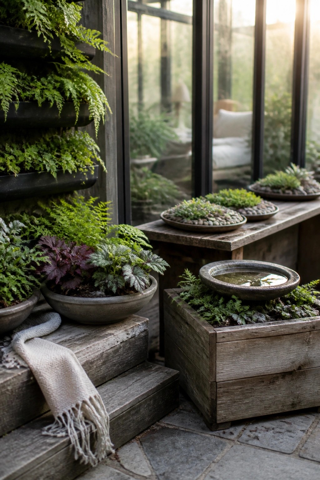 Rustic wooden steps with potted ferns, blanket, bench, and stone water bowl in sunlight
