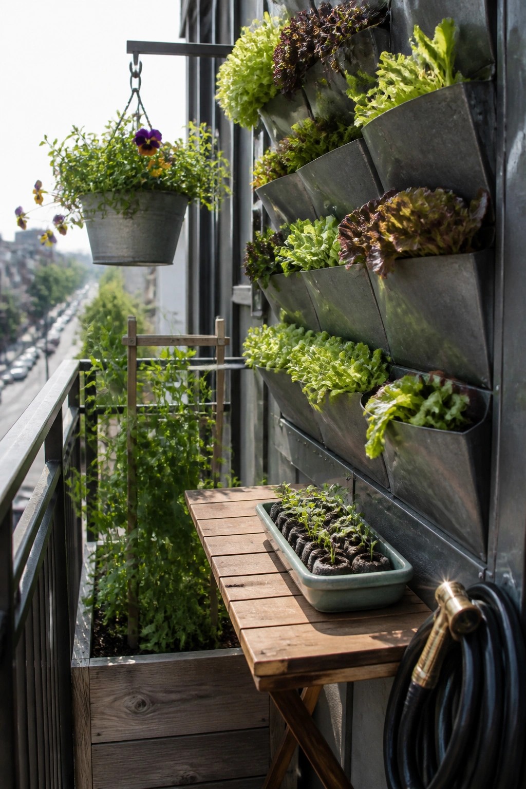 A compact balcony features a row of metal wall-mounted planters filled with leafy greens, a hanging metal pot with flowers, a wooden folding table holding seedling trays, and a coiled hose.