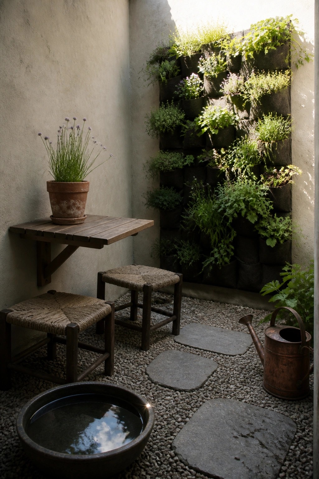 A compact outdoor patio corner with a vertical fabric wall planter holding many small plants, two woven stools, a potted plant on a fold-down table, a stone water basin, and a copper watering can on gravel with stepping stones.