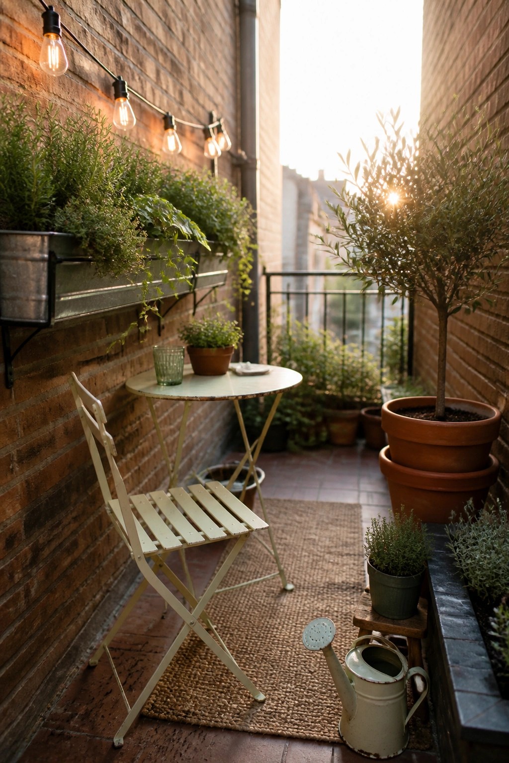 Cozy brick balcony with pale bistro set, potted plants, string lights, and watering can.