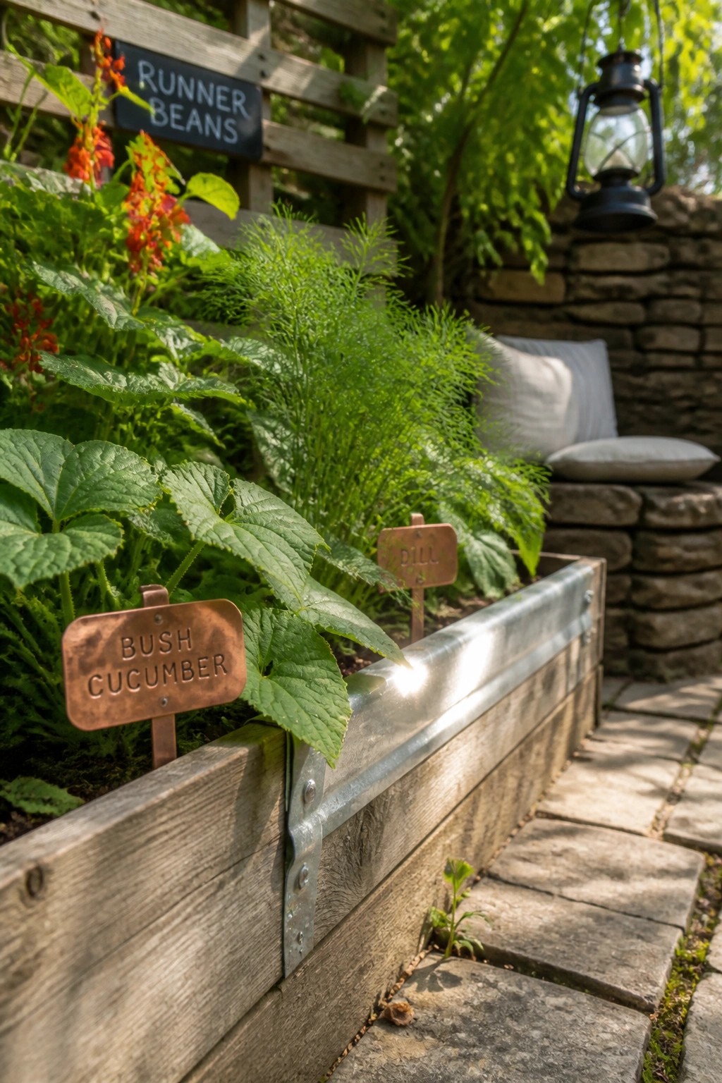 A long wooden raised garden bed with labeled sections of bush cucumber, dill, and runner beans sits next to a stone wall and paved path.