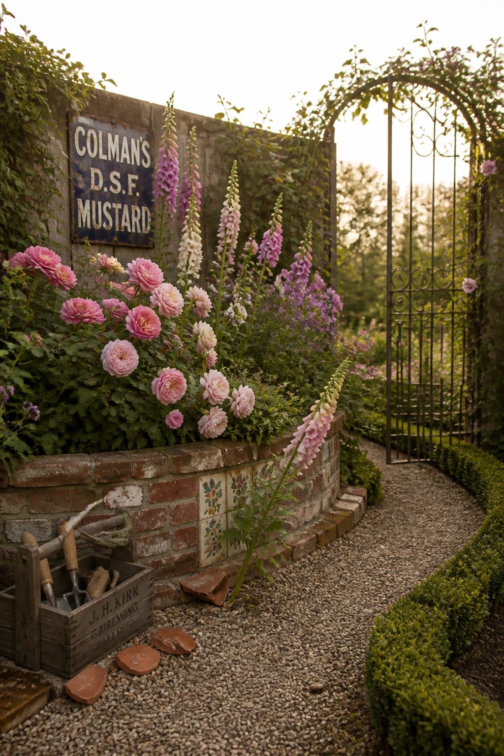 A curved brick raised garden bed with decorative tiles, planted with pink roses and foxgloves, next to a gravel path and metal gate.