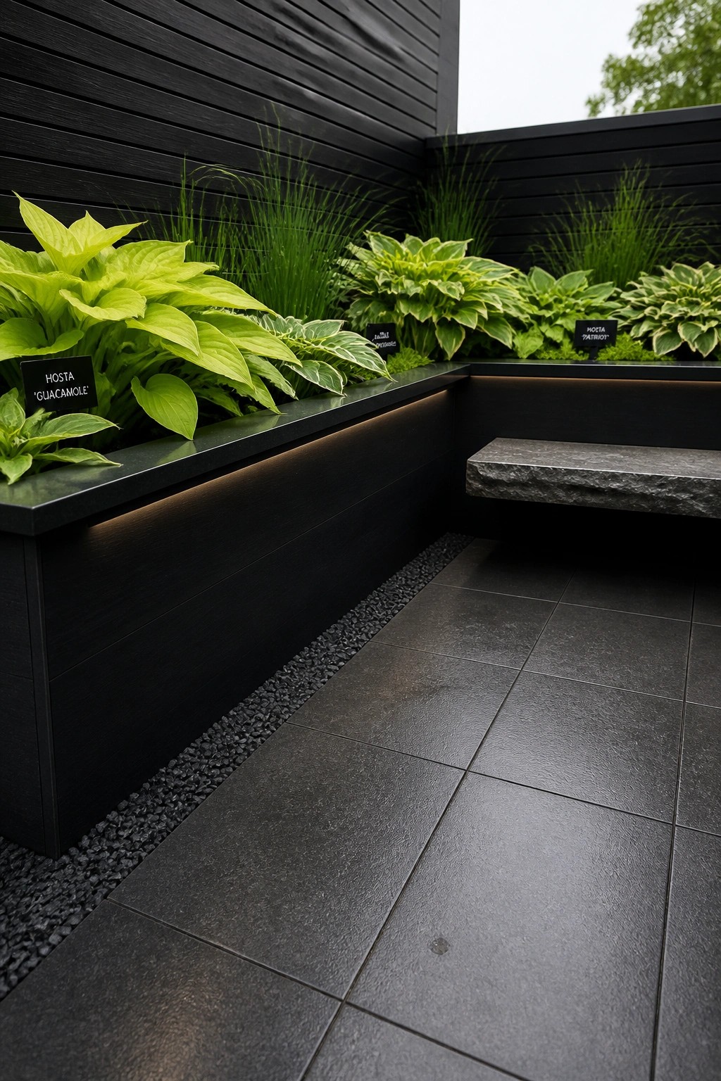 A black raised garden bed with labeled hostas and ornamental grasses sits in a corner beside a stone bench, with LED strip lighting along the planter edge and dark tile flooring.