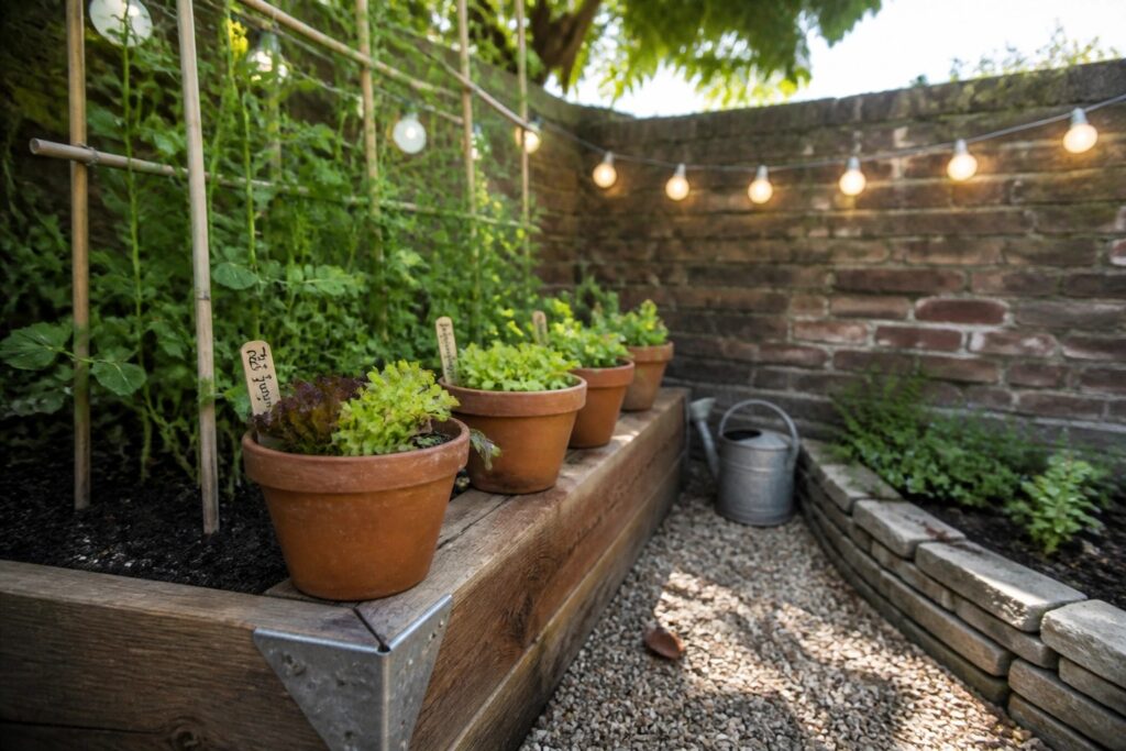 21 Creative Small Raised Garden Beds for Tiny Backyard Corners A long wooden raised garden bed with bamboo stakes supports climbing plants against a brick wall, while terracotta pots sit on gravel nearby.