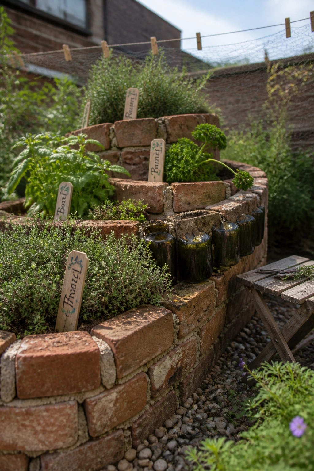 Tiered brick raised garden beds filled with herbs and small plants, with green glass bottles embedded along the brick edges and wooden plant labels visible.
