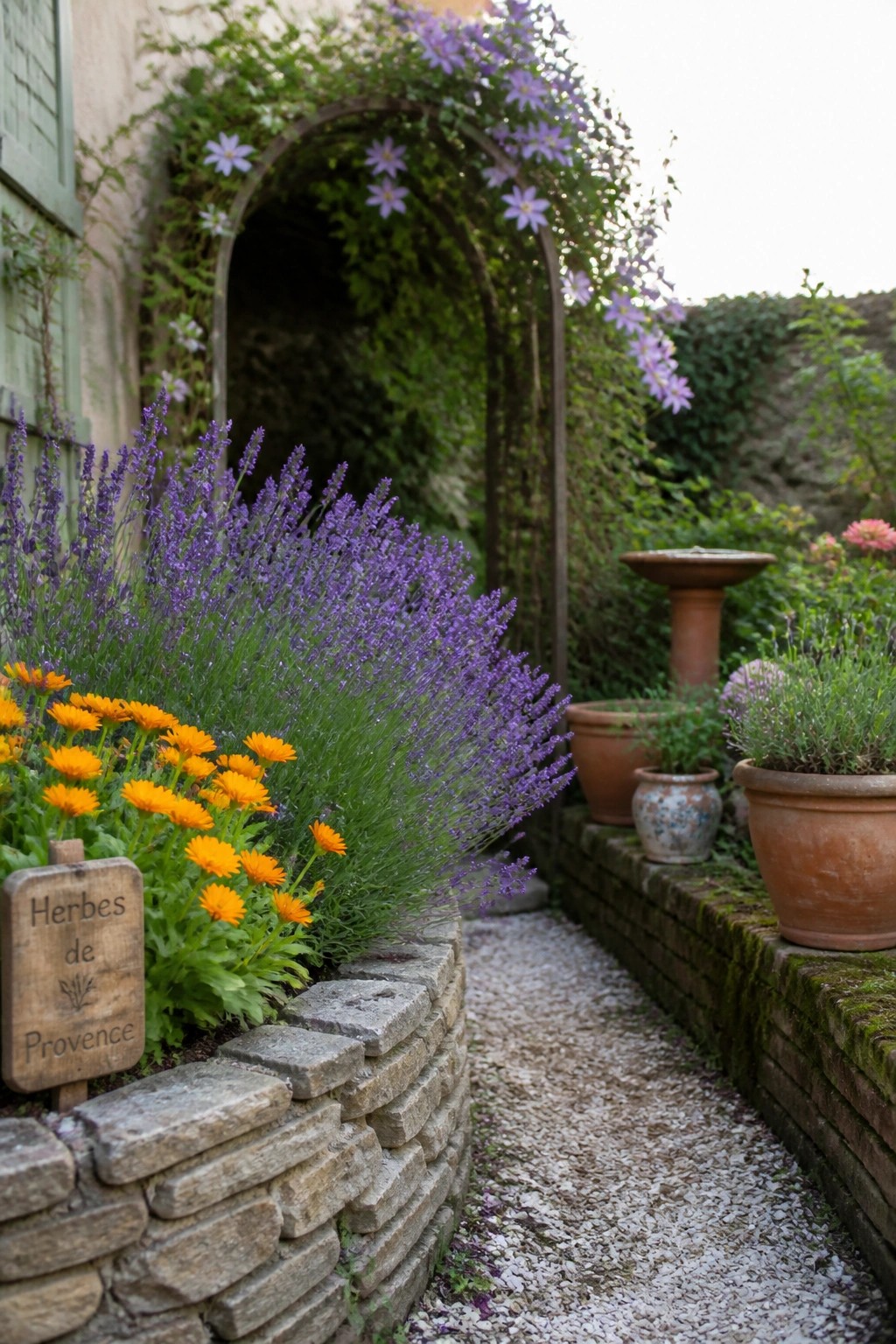 A gravel path runs beside a low curved stone wall that forms a raised garden bed filled with lavender and orange flowers, with terracotta pots on a higher ledge and a vine-covered arch in the background.