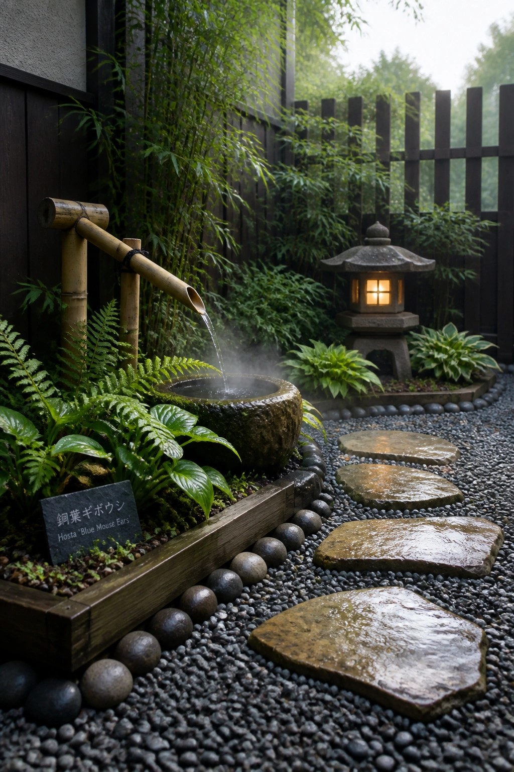Japanese garden with bamboo water fountain, stone basin, lantern, and stepping stones.