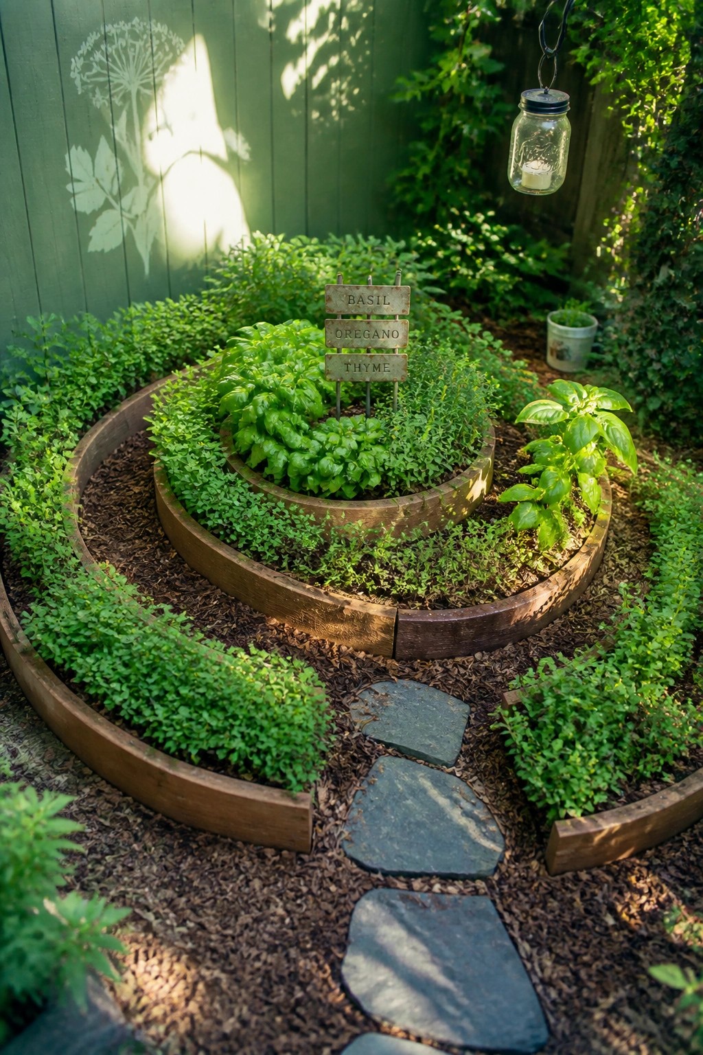 Circular wooden raised garden beds arranged in tiers with herbs growing inside and a stone path leading toward the center.