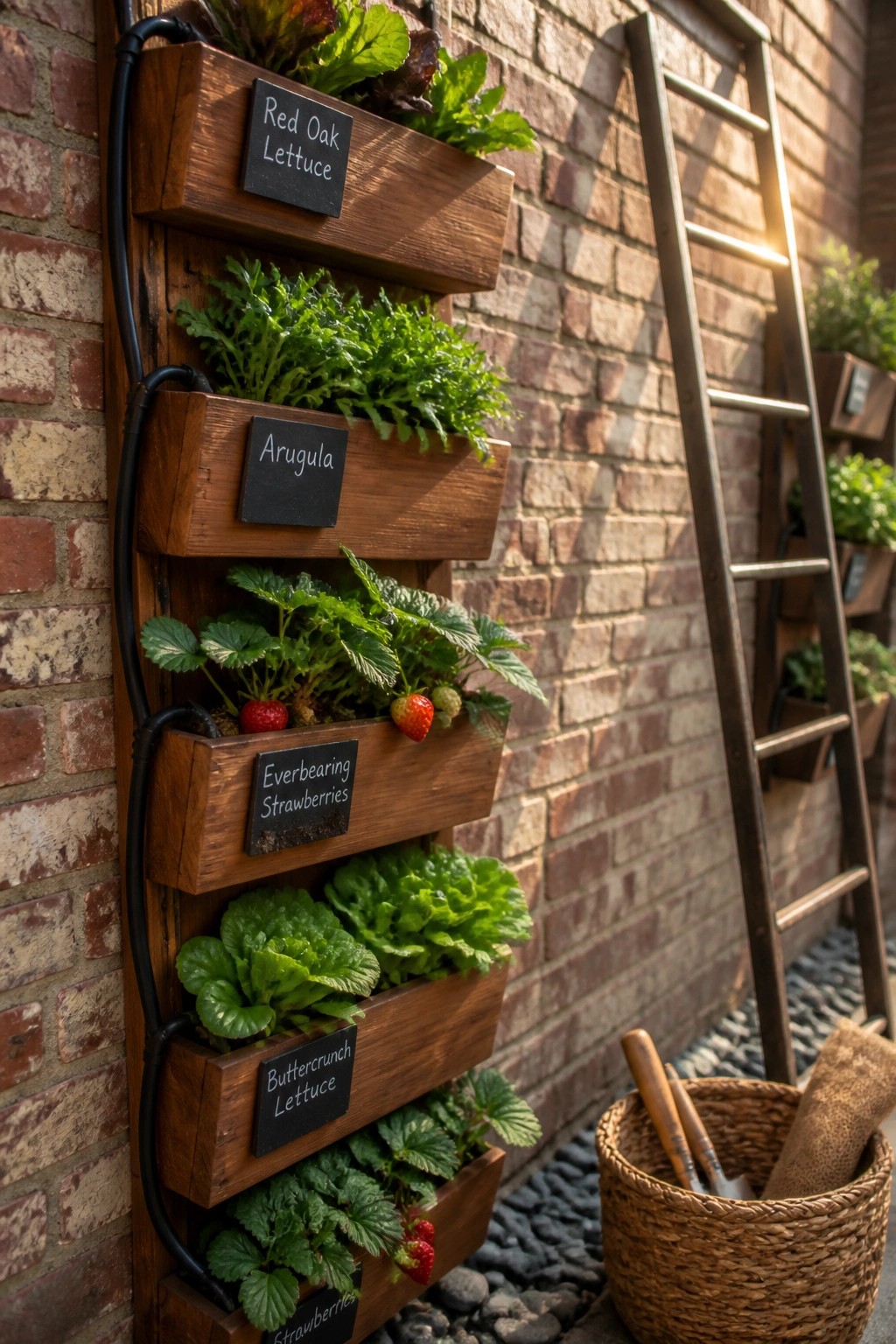 A brick wall with five stacked wooden planters growing lettuce, arugula, and strawberries, each labeled with small chalkboard signs.