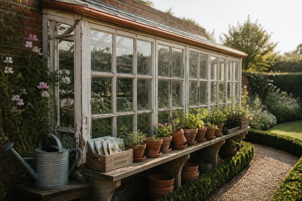 17 Easy Old Window Greenhouse Ideas for Vintage Garden Style A lean-to greenhouse built with multiple old wooden windows attached to a brick wall, with terracotta pots, a watering can, and seed packets arranged on a wooden bench below.