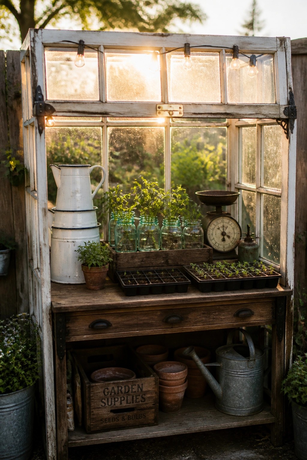 A small greenhouse built from multiple old white-painted windows, with a wooden work surface holding seedling trays, glass jars, and gardening tools.