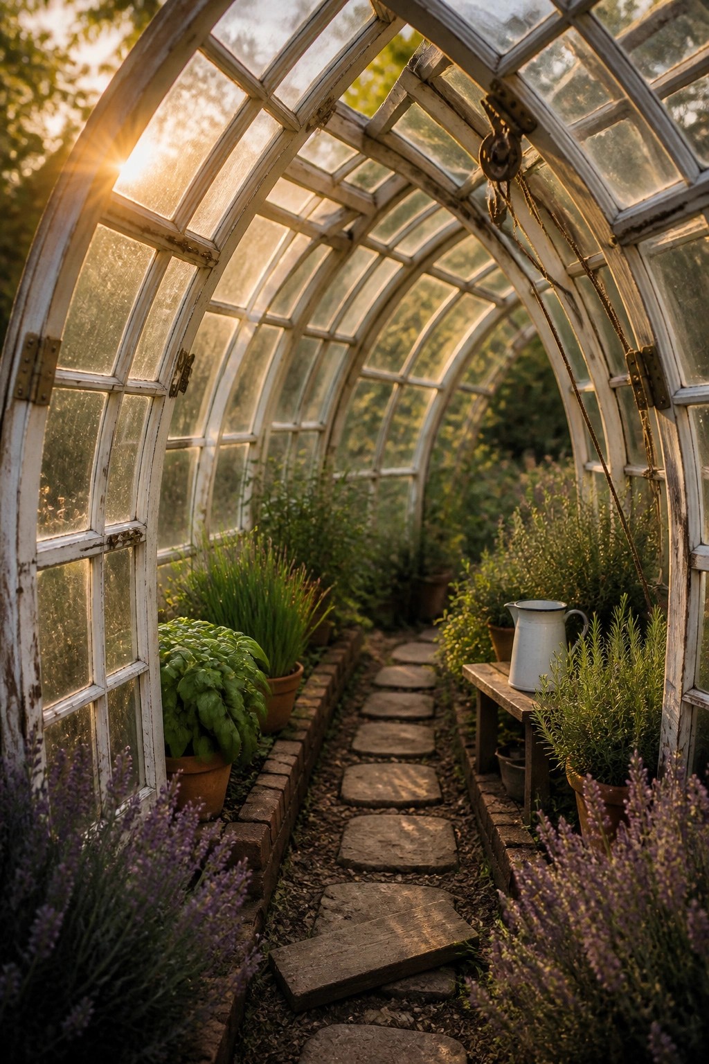Interior view of an arched greenhouse made from old white windows, with a central path of flat stones bordered by potted herbs and lavender.