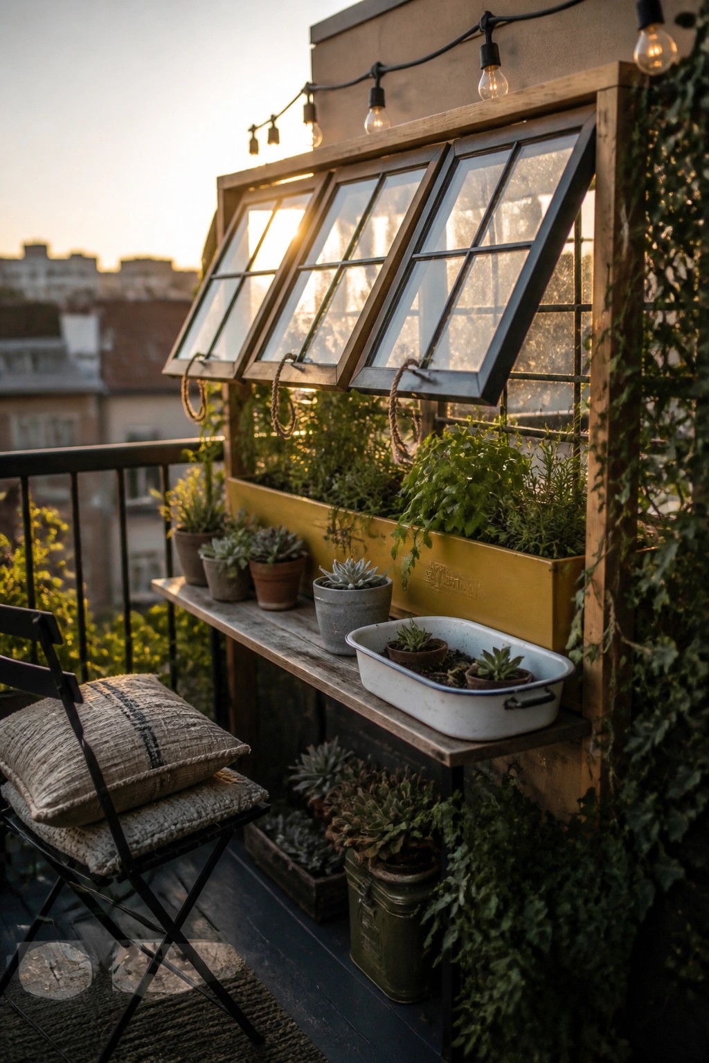 A balcony scene with several old multi-pane windows hinged open above a yellow metal planter box filled with herbs and small plants, surrounded by potted succulents and string lights at sunset.