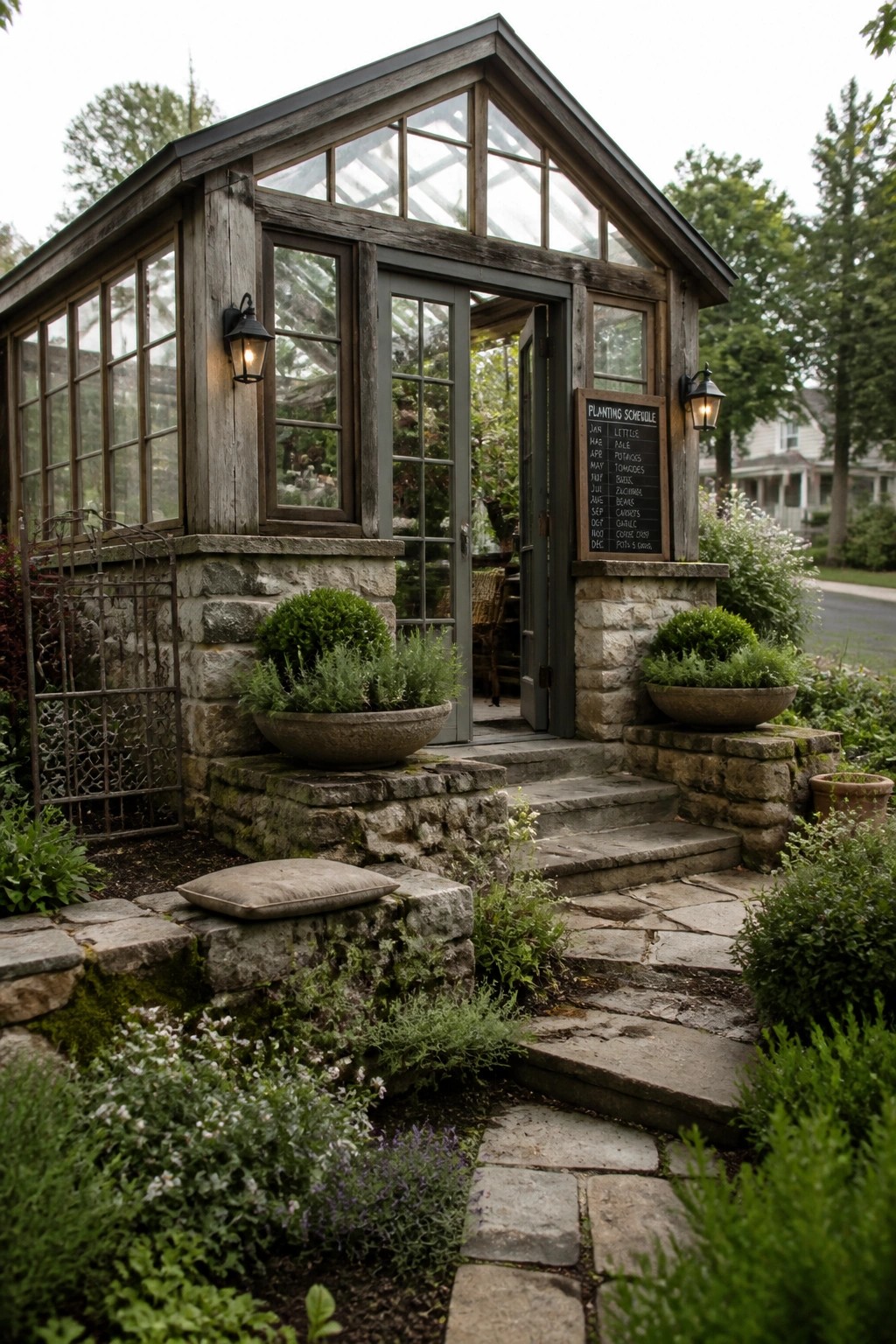 A rustic wooden greenhouse with glass panels sits on a stone foundation, with stone steps leading to an open door, potted plants on the steps, and a planting schedule sign mounted on the stone wall.