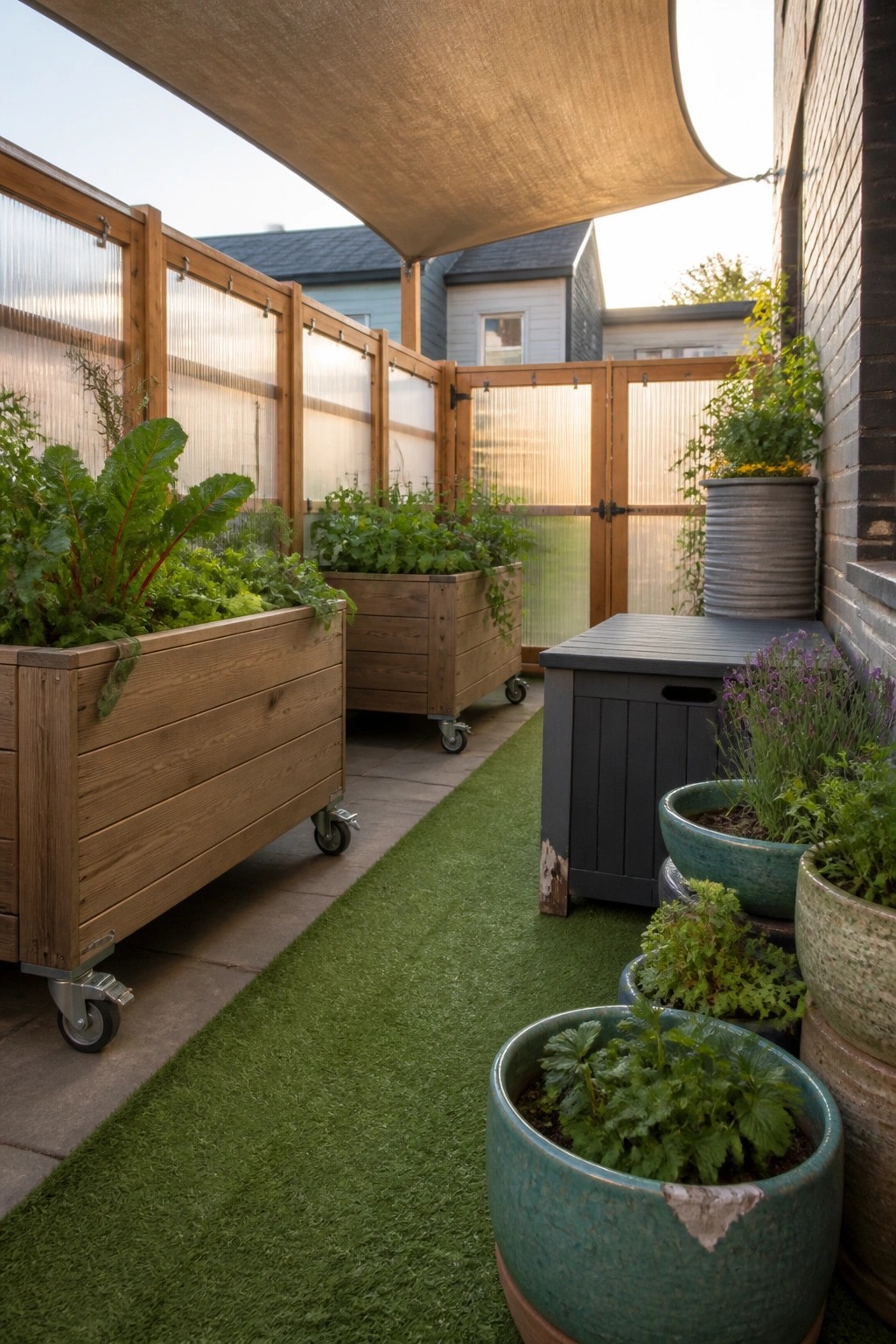 A row of wooden raised garden beds on wheels sits beside a fence with translucent panels and several potted plants on artificial turf.