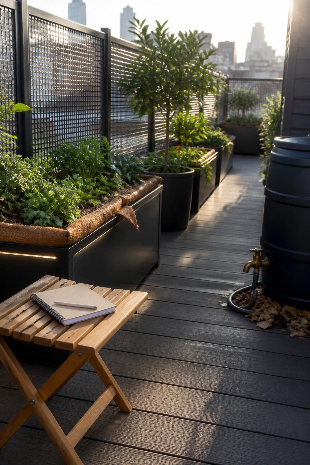 A rooftop deck with black raised garden beds containing green plants, a wooden stool holding a notebook and pencil in the foreground, and a perforated metal fence panel behind the beds.