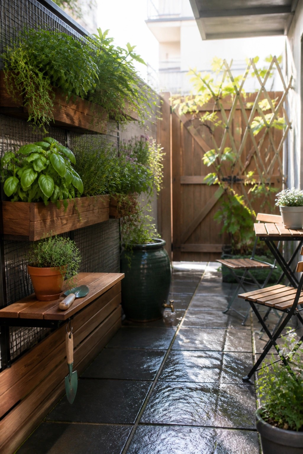 Wet stone patio with wooden planters, herbs, table, chairs, and green pot.