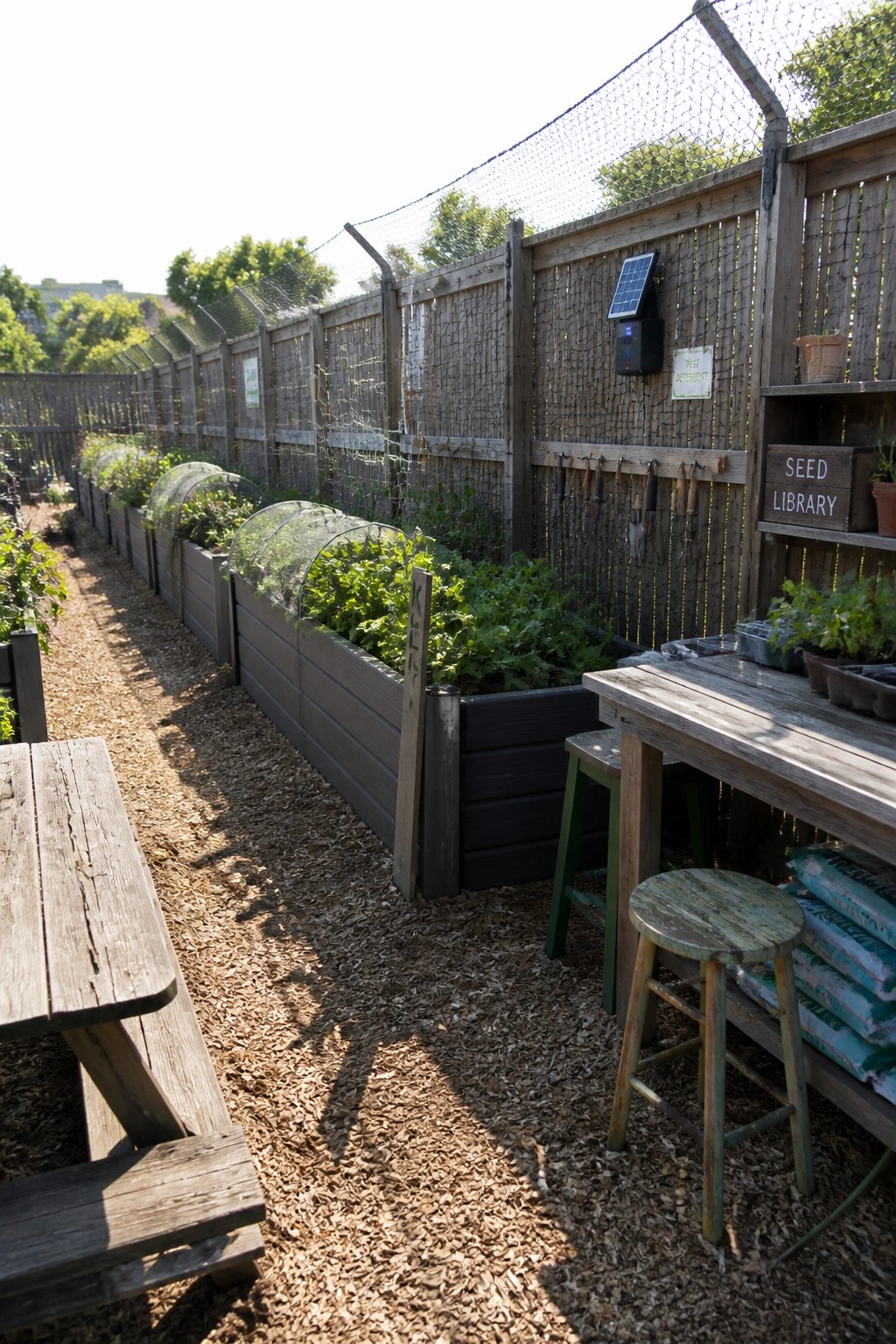 Raised garden beds filled with leafy plants, bordered by wooden fencing with overhead mesh netting and a pest deterrent sign on the fence.