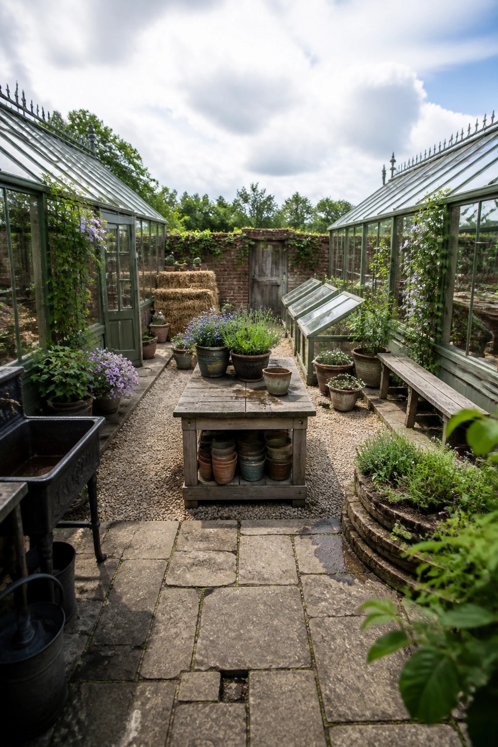 A gravel path runs between two greenhouses with a wooden table holding potted plants and stacked pots stored underneath.
