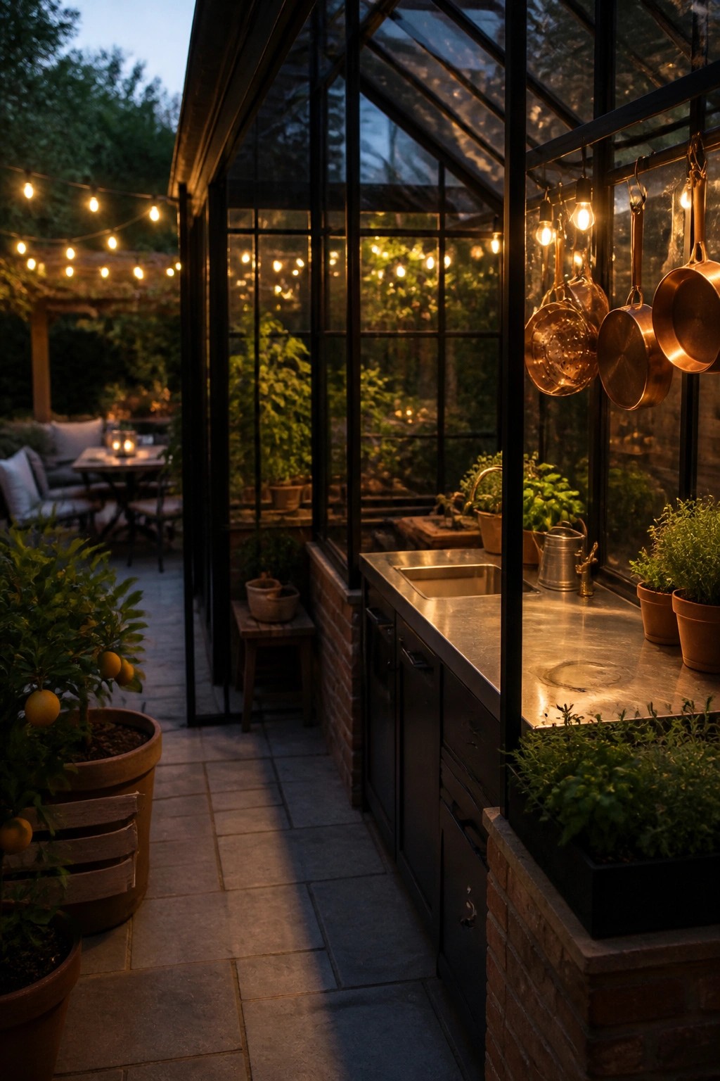 A greenhouse interior with a stainless steel counter, sink, and hanging copper pots next to potted herbs and plants.