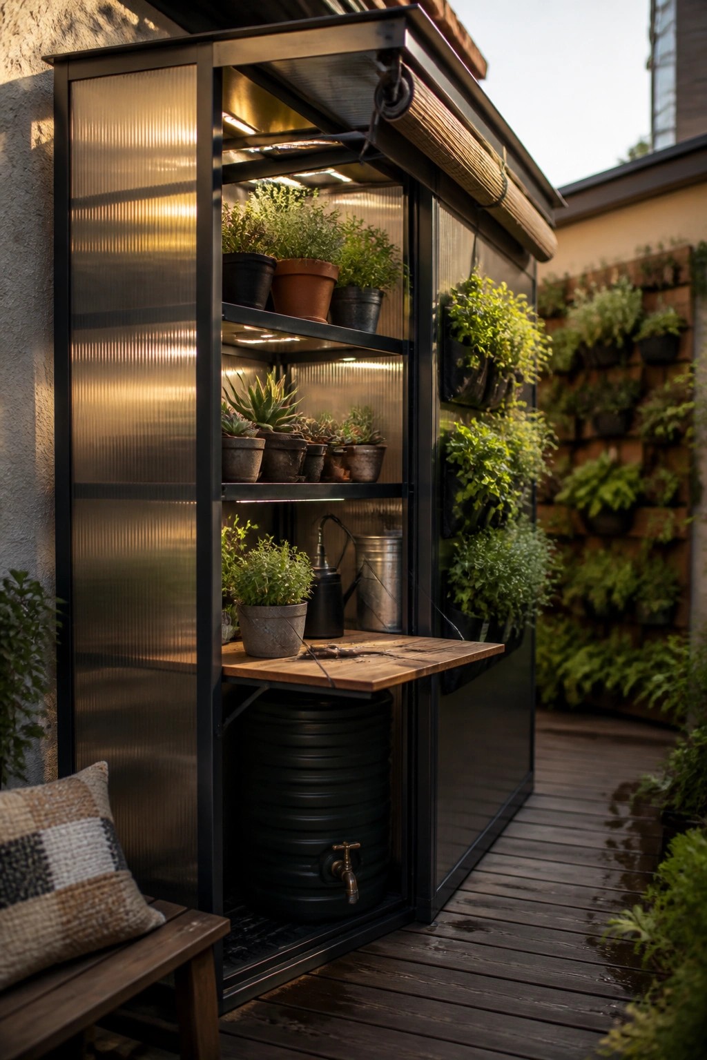 Modern greenhouse with potted plants, fold-out table, and rain barrel on deck