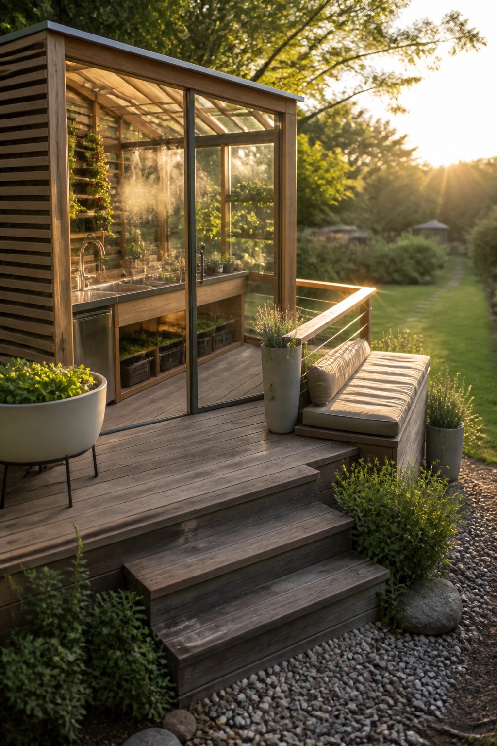 A wooden-framed greenhouse with large glass panels attached to a deck, showing an interior sink and plant shelves, plus a cushioned bench on the deck outside.