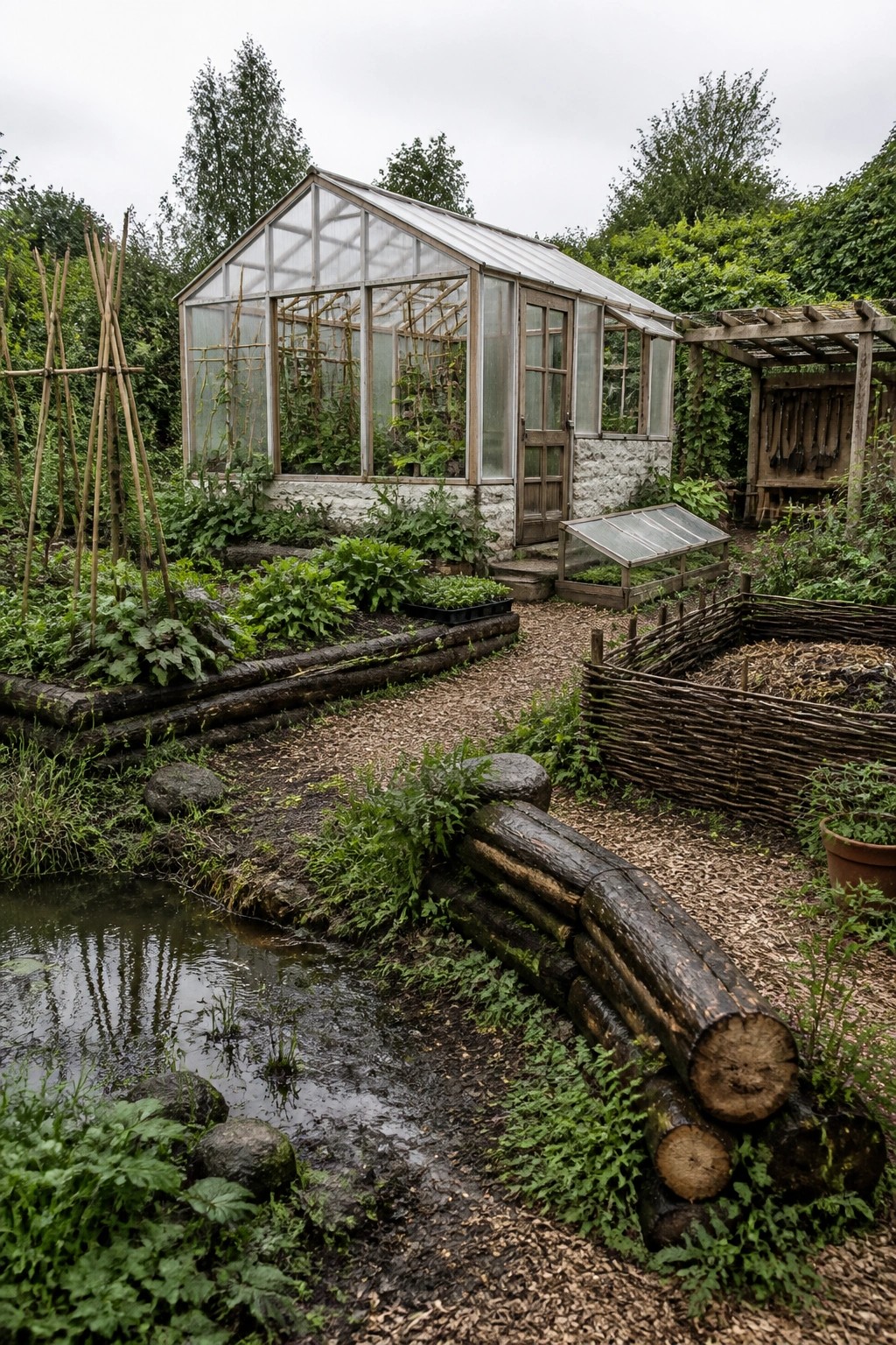 A greenhouse with log-edged raised beds, a small pond in the foreground, and woven fencing around additional growing areas.