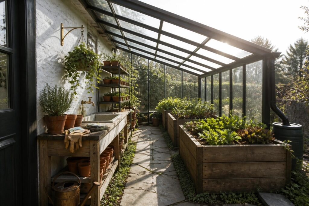 22 Beautiful Greenhouse Ideas for a Productive Backyard Growing Space A lean-to greenhouse attached to a white house wall, with a wooden potting bench and sink outside the door and raised beds of leafy greens inside.