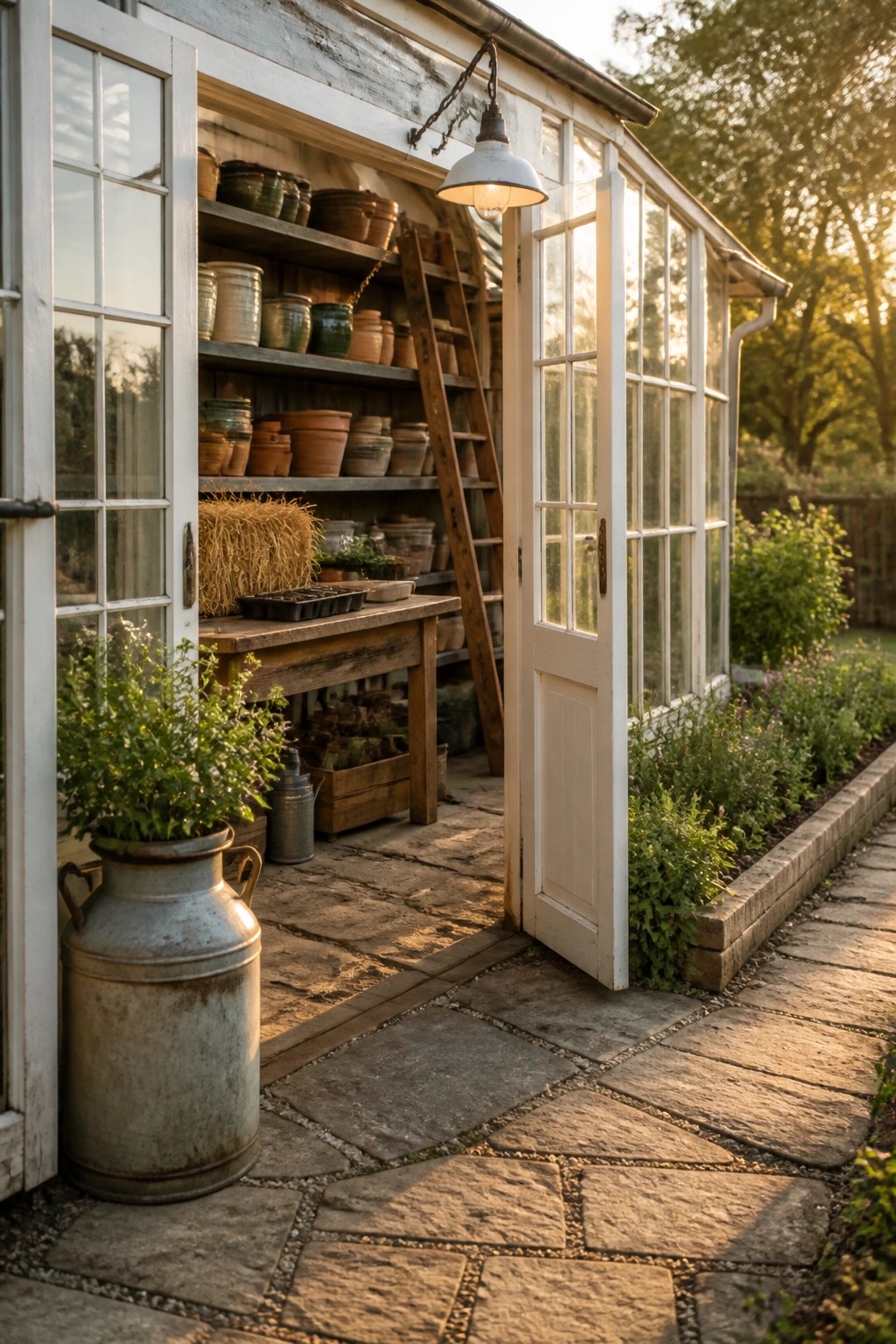 Open white doors of rustic potting shed with pottery shelves and stone path