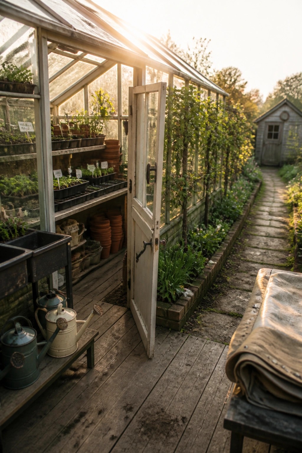 Open door of sunlit greenhouse with plant shelves, watering cans, and garden path