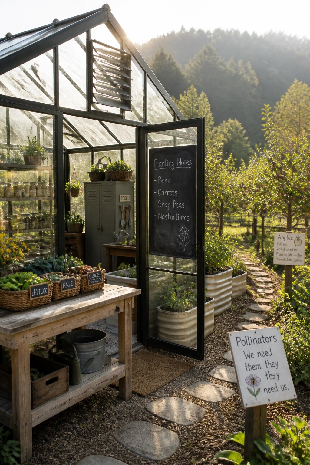 Open greenhouse with chalkboard notes beside wooden table holding baskets of fresh vegetables in garden