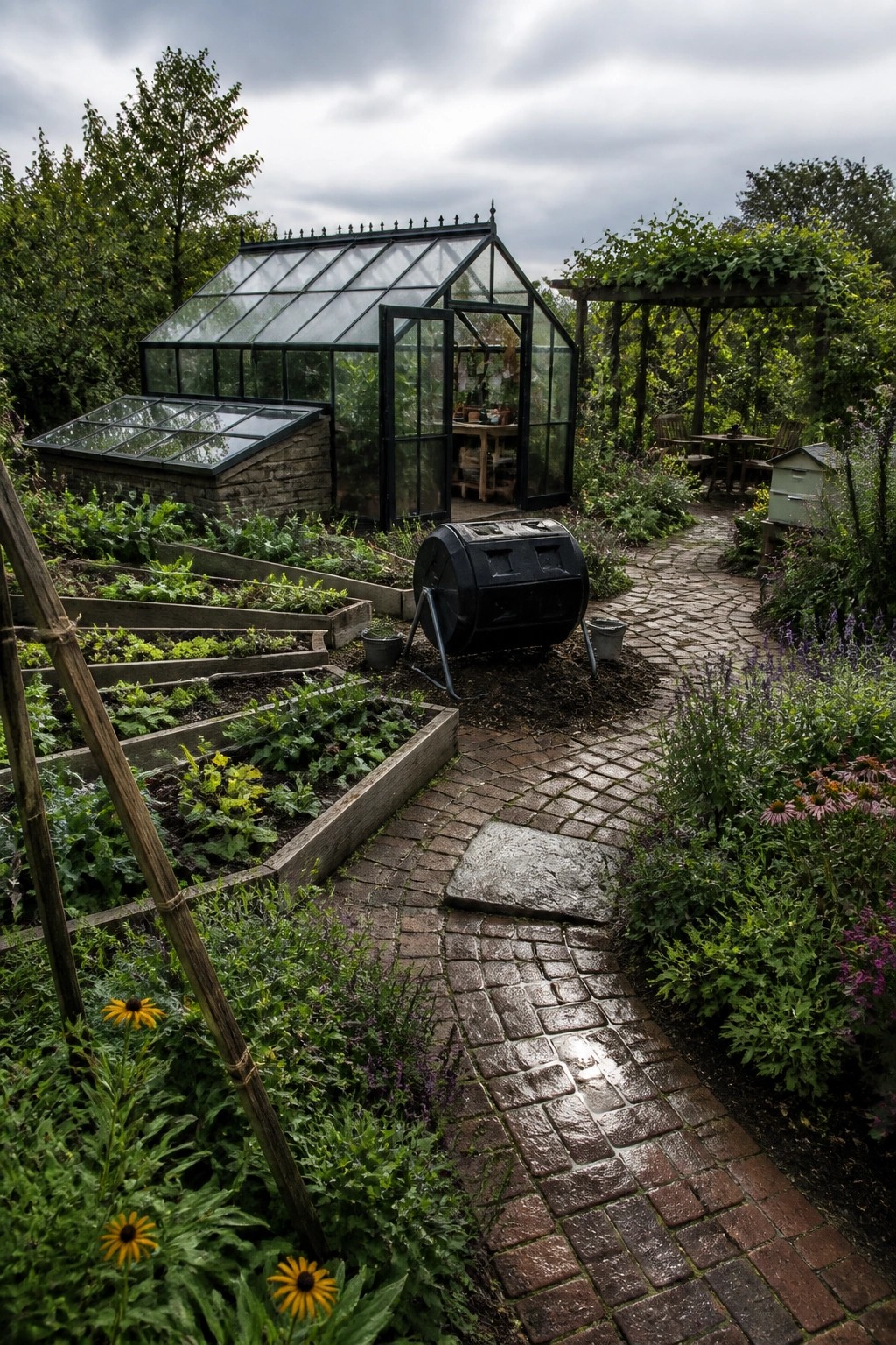 A greenhouse with open doors stands behind several wooden raised garden beds and a brick pathway in a backyard garden.