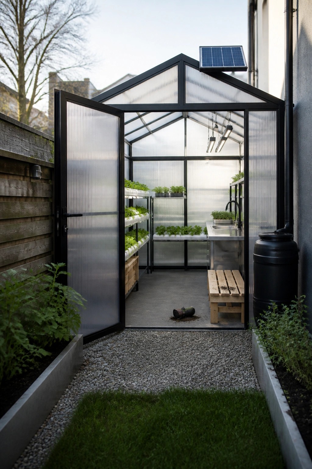 A modern black-framed greenhouse with open doors, vertical plant shelves inside, a sink area, and a gravel path leading to the entrance.