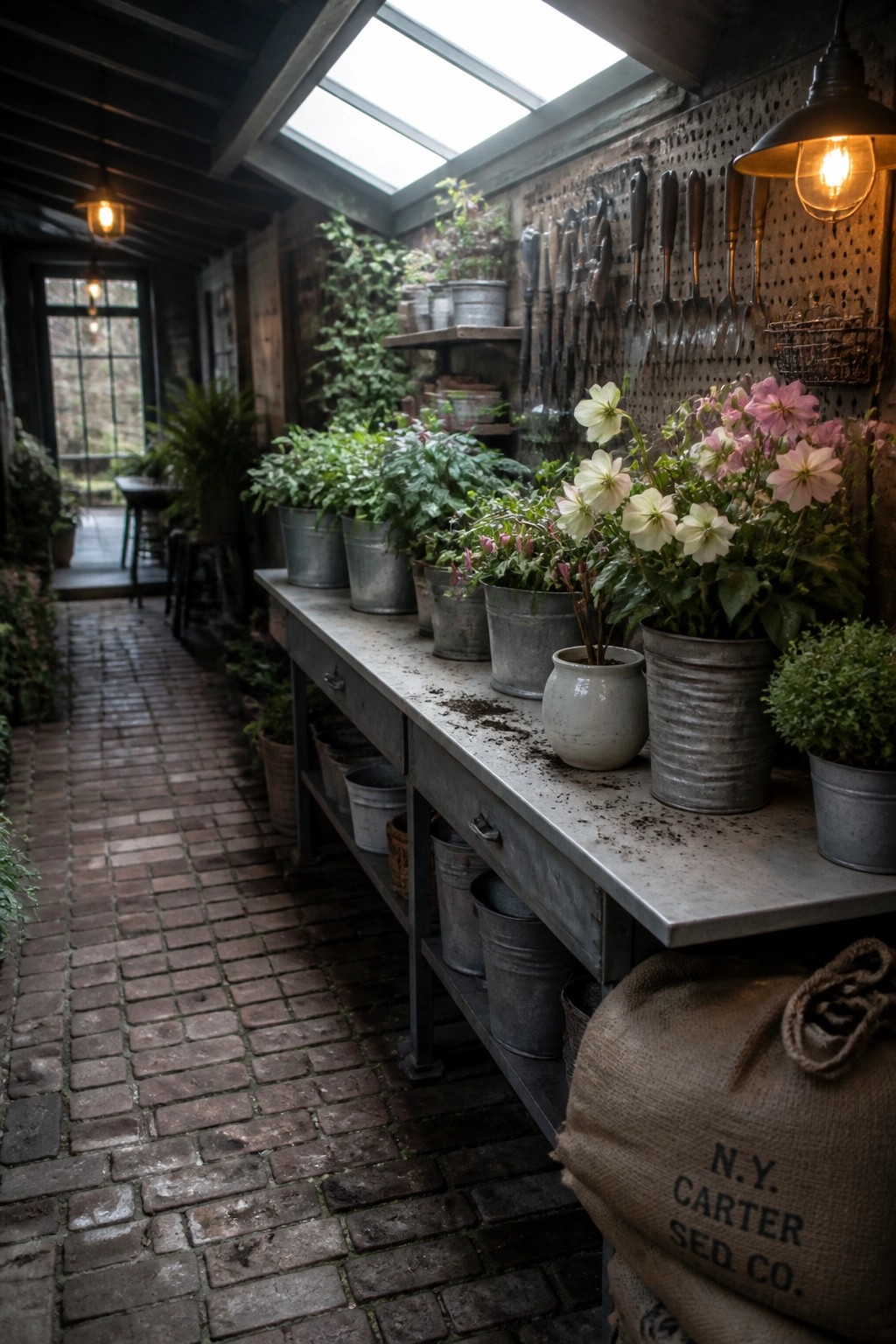 A covered interior space with a long metal workbench holding rows of potted plants, gardening tools mounted on a pegboard wall, and a brick floor leading toward an open doorway.