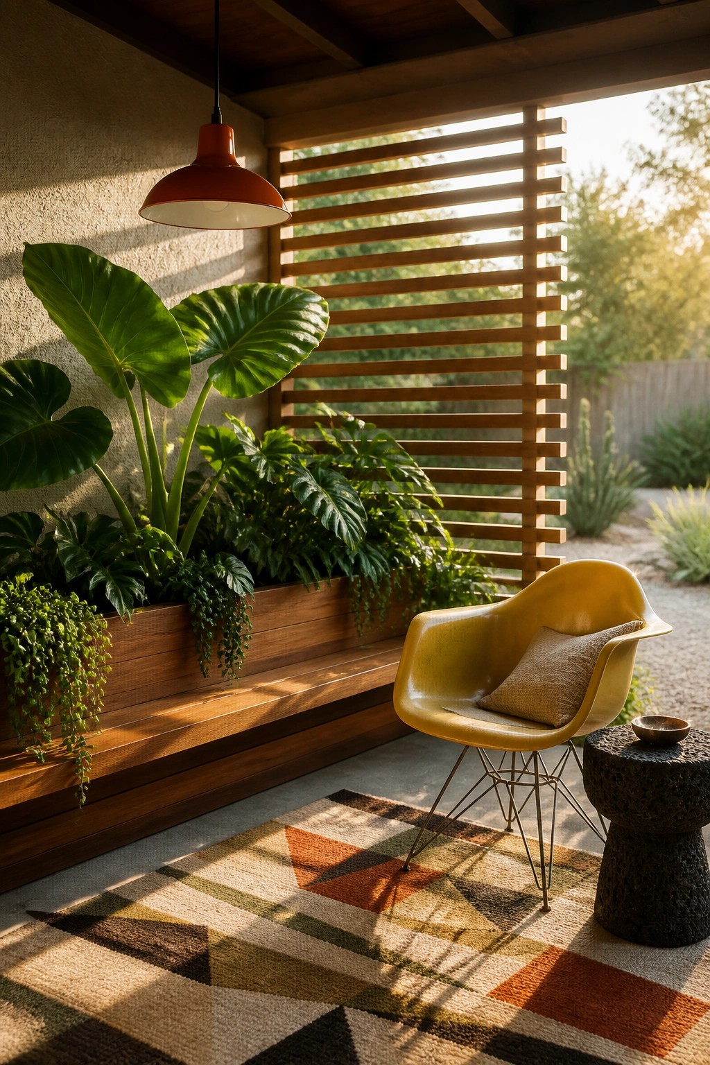 A covered patio corner with a long wooden planter box holding large leafy plants beside a yellow chair on a patterned rug under a red pendant light.