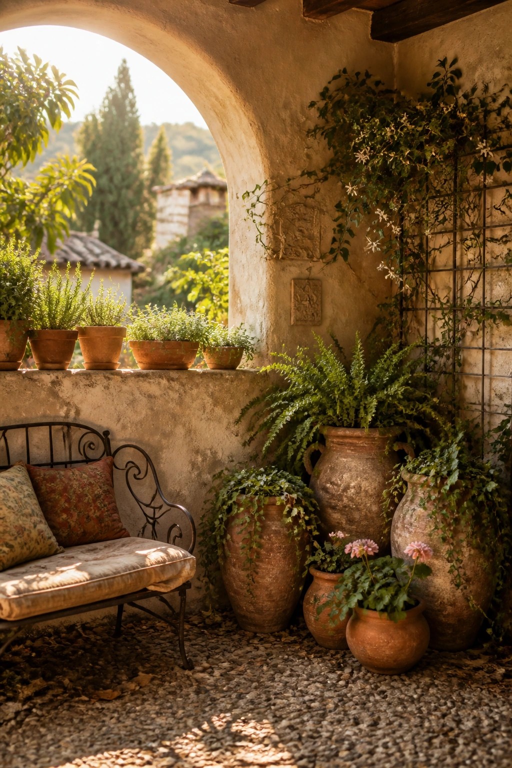 Rustic stone patio with arched view, potted ferns, and iron bench
