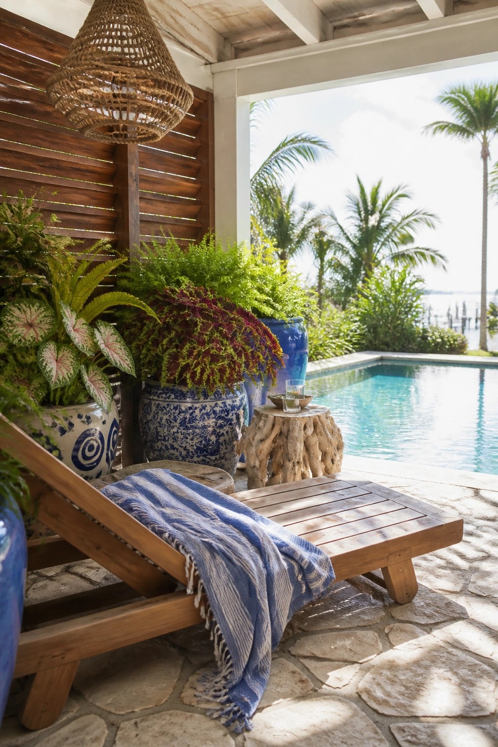 A covered stone patio with a wooden lounge chair and multiple large blue and white ceramic pots filled with ferns and colorful foliage, next to a swimming pool.