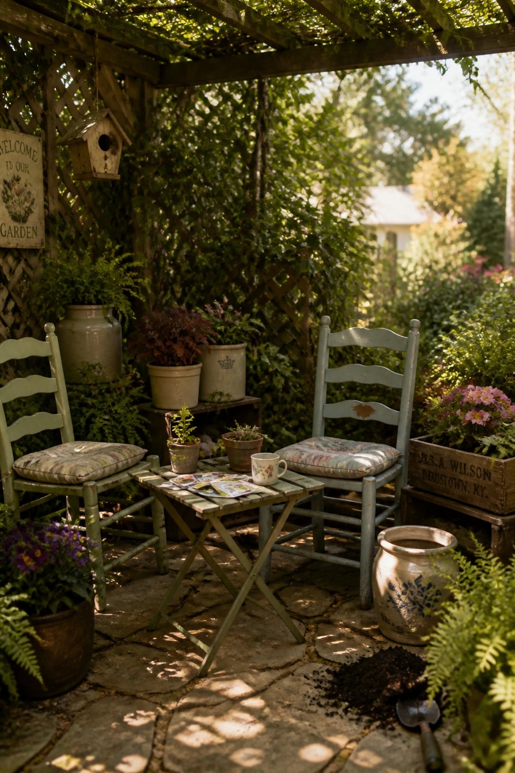 A shaded stone patio under a wooden pergola holds two weathered chairs around a small folding table, with multiple potted plants, a birdhouse, and garden tools arranged nearby.