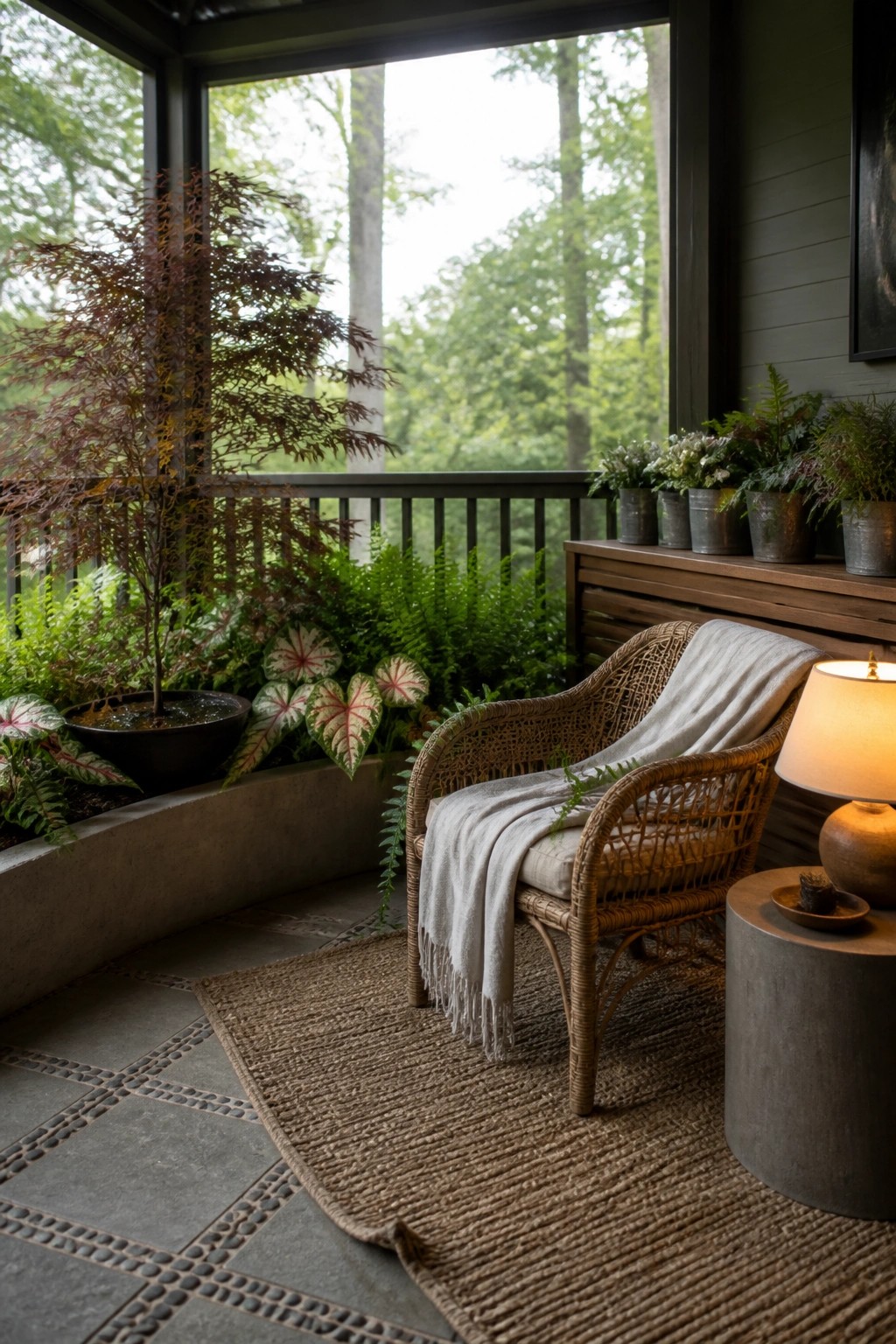 A covered porch with a wicker chair on a woven rug, surrounded by multiple potted plants and a view of trees beyond the railing.