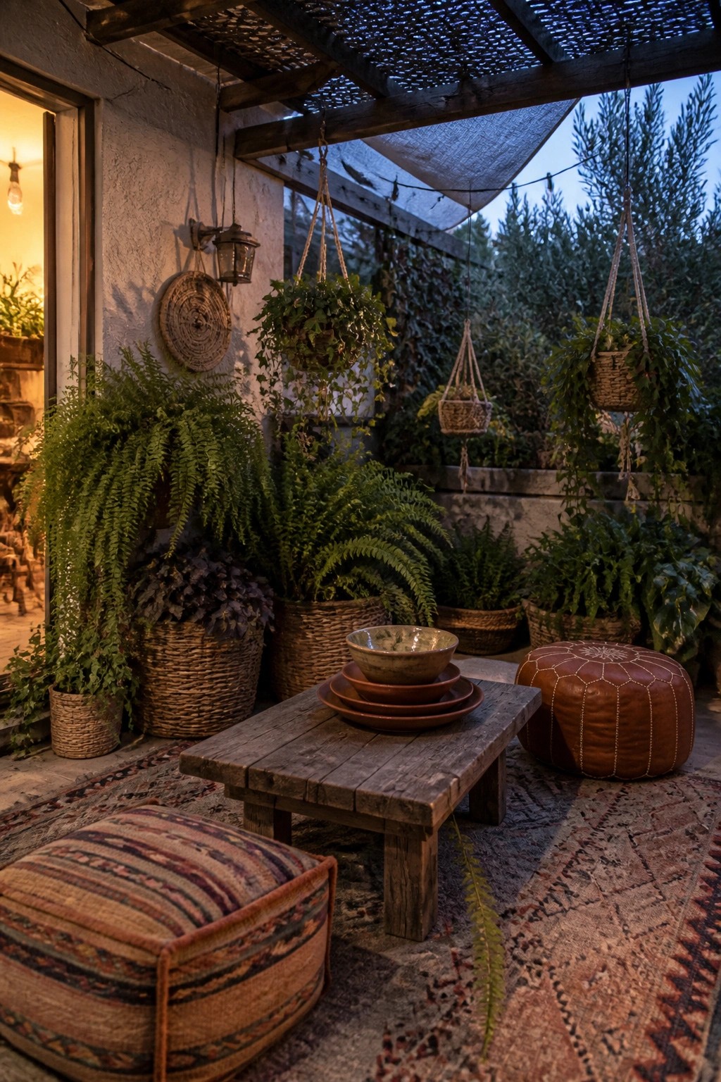 A shaded covered patio corner at dusk featuring multiple hanging baskets and floor pots with ferns and trailing plants, a low wooden table holding stacked ceramic bowls, and two patterned floor poufs on layered rugs.