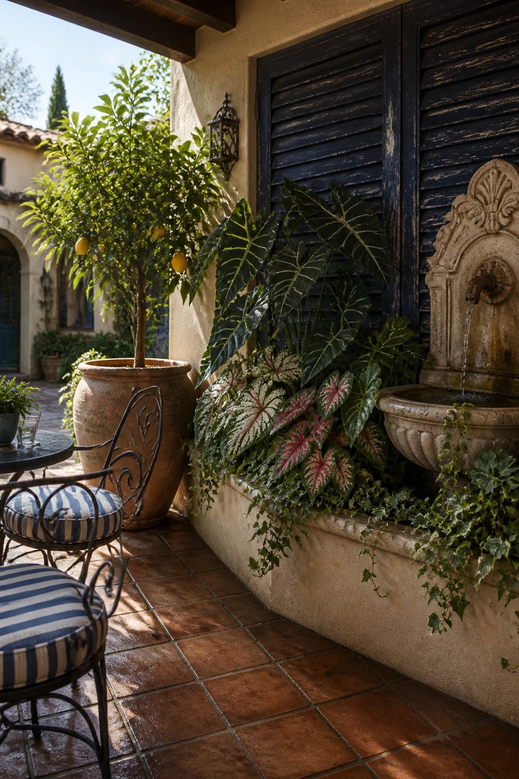 A covered patio corner features a round table with striped chairs, a large terracotta pot with a lemon tree, clusters of leafy plants in containers, and a stone wall fountain with dark shutters in the background.