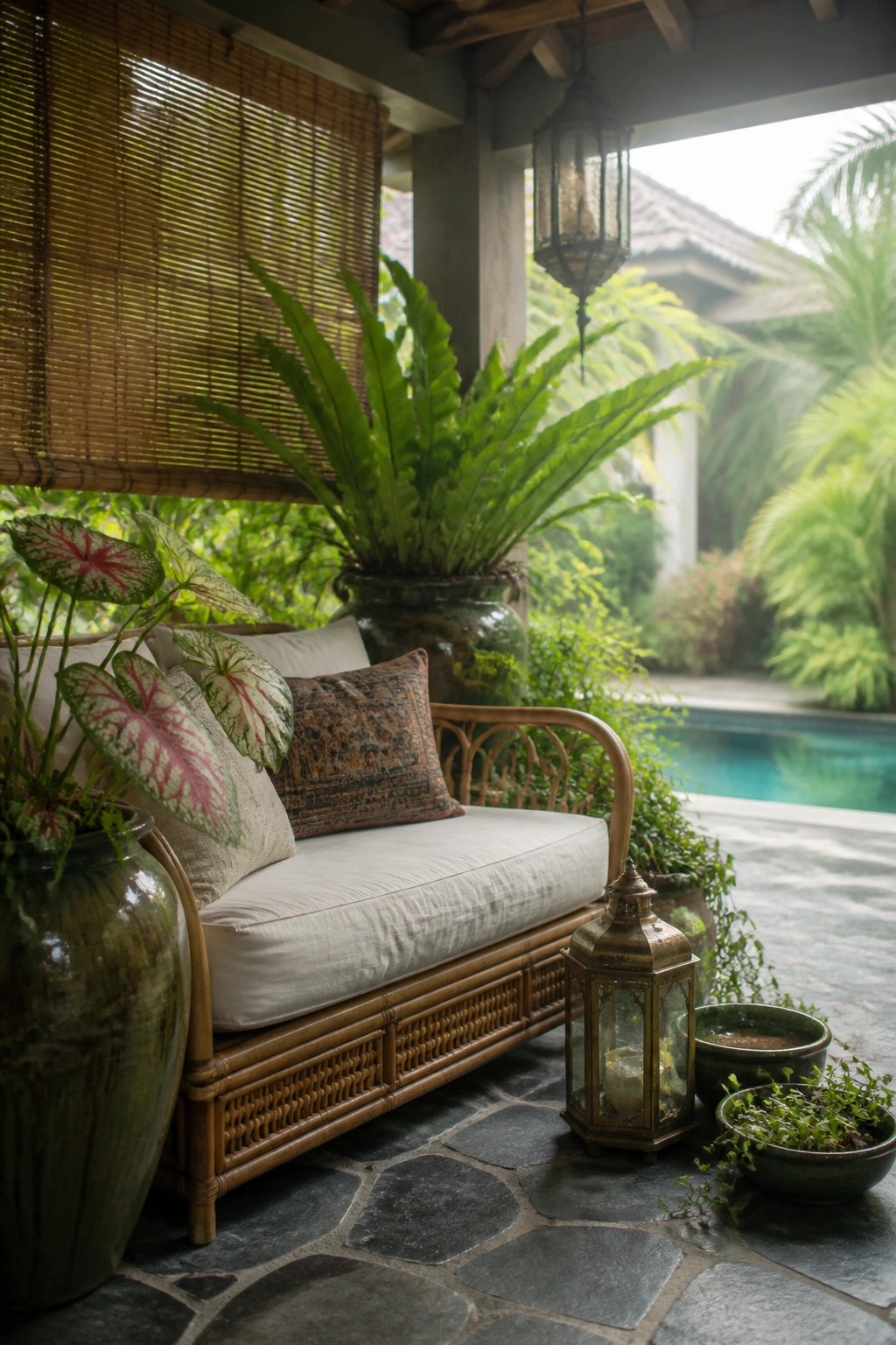 Rattan sofa with white cushions amid potted ferns, lanterns on stone patio by pool